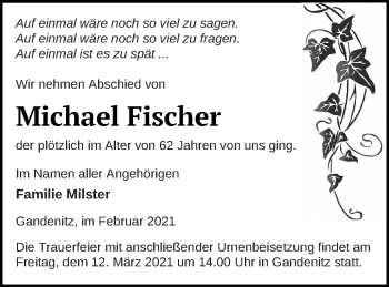 Traueranzeige von Michael Fischer von Templiner Zeitung