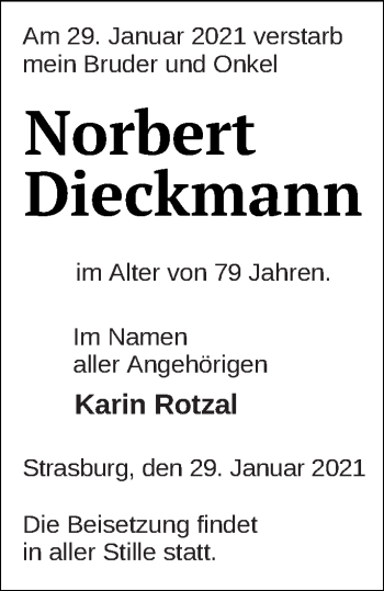 Traueranzeige von Norbert Dieckmann von Pasewalker Zeitung