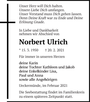 Traueranzeige von Norbert Ulrich von Haff-Zeitung