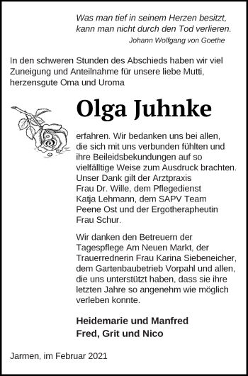 Traueranzeige von Olga Juhnke von Vorpommern Kurier