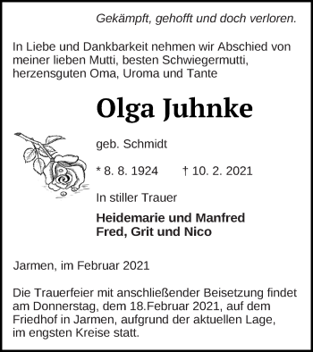 Traueranzeige von Olga Juhnke von Vorpommern Kurier