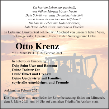 Traueranzeige von Otto Krenz von Vorpommern Kurier