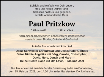 Traueranzeige von Paul Pritzkow von Templiner Zeitung