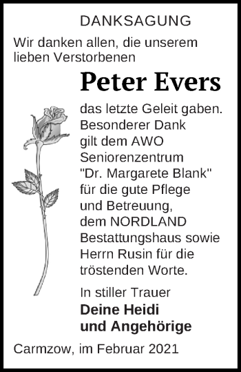 Traueranzeige von Peter Evers von Prenzlauer Zeitung