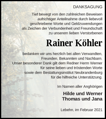 Traueranzeige von Rainer Köhler von Pasewalker Zeitung