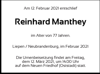 Traueranzeige von Reinhard Manthey von Neubrandenburger Zeitung