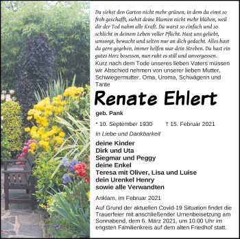 Traueranzeige von Renate Ehlert von Vorpommern Kurier