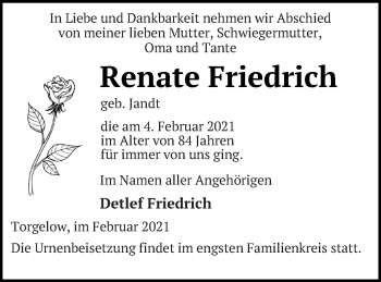 Traueranzeige von Renate Friedrich von Haff-Zeitung