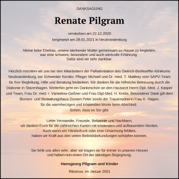 Traueranzeige von Renate Pilgram von Mecklenburger Schweiz