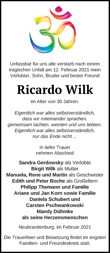  Traueranzeige für Ricardo Wilk vom 27.02.2021 aus Neubrandenburger Zeitung