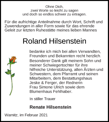 Traueranzeige von Roland Hilsenstein von Prenzlauer Zeitung