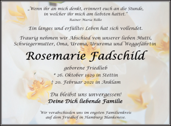 Traueranzeige von Rosemarie Fadschild von Vorpommern Kurier