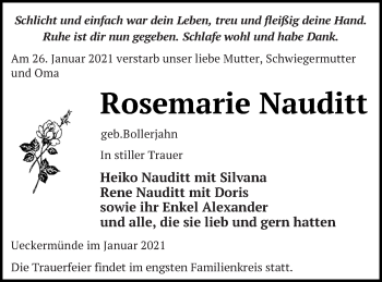 Traueranzeige von Rosemarie Nauditt von Haff-Zeitung