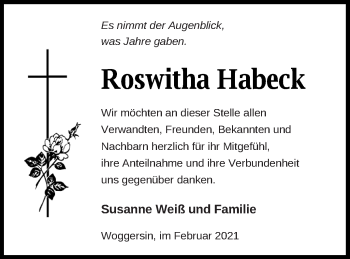 Traueranzeige von Roswitha Habeck von Neubrandenburger Zeitung