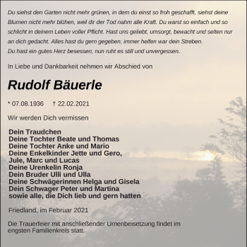 Traueranzeige von Rudolf Bäuerle von Neubrandenburger Zeitung