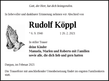 Traueranzeige von Rudolf Köppl von Mecklenburger Schweiz