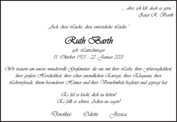 Traueranzeige von Ruth Barth von Hagenower Kreisblatt