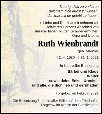 Traueranzeige von Ruth Wienbrandt von Haff-Zeitung