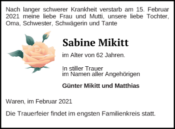 Traueranzeige von Sabine Mikitt von Müritz-Zeitung