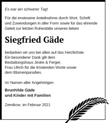 Traueranzeige von Siegfried Gäde von Prenzlauer Zeitung