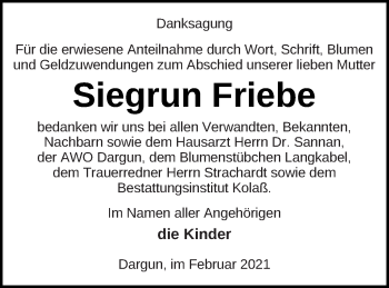 Traueranzeige von Siegrun Friebe von Mecklenburger Schweiz