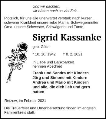 Traueranzeige von Sigrid Kassanke von Strelitzer Zeitung