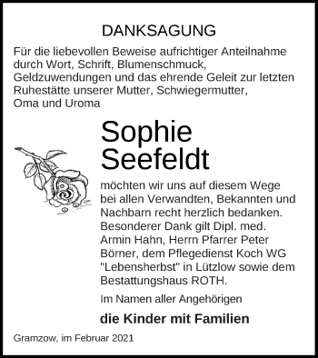 Traueranzeige von Sophie Seefeldt von Prenzlauer Zeitung