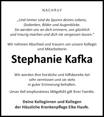 Traueranzeige von Stephanie Kafka von Templiner Zeitung