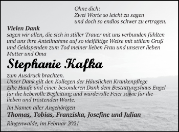 Traueranzeige von Stephanie Kafka von Templiner Zeitung