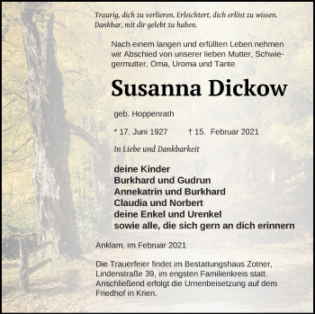 Traueranzeige von Susanna Dickow von Vorpommern Kurier