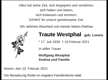 Traueranzeige von Traute Westphal von Müritz-Zeitung