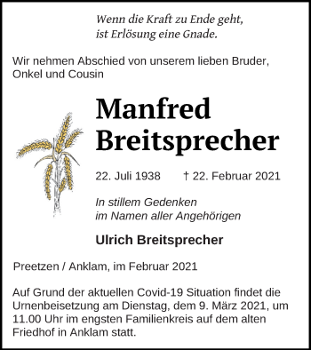 Traueranzeige von Ulrich Breitsprecher von Vorpommern Kurier