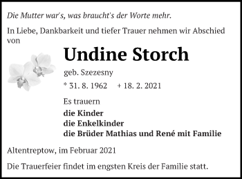 Traueranzeige von Undine Storch von Neubrandenburger Zeitung