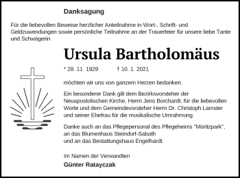 Traueranzeige von Ursula Bartholomäus von Müritz-Zeitung