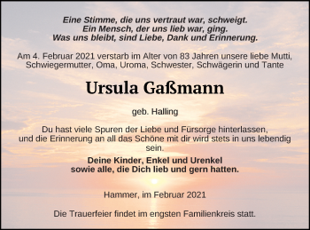 Traueranzeige von Ursula Gaßmann von Haff-Zeitung