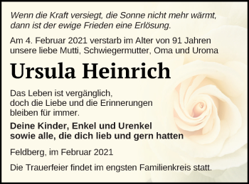 Traueranzeige von Ursula Heinrich von Strelitzer Zeitung