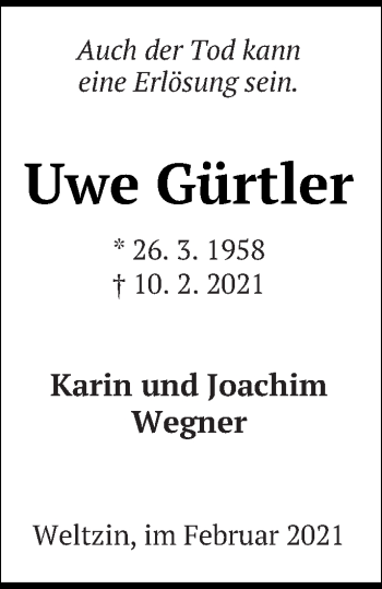 Traueranzeige von Uwe Gürtler von Neubrandenburger Zeitung