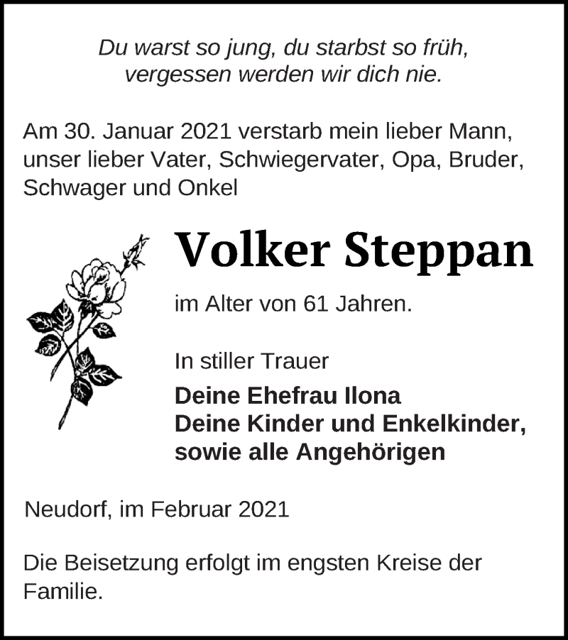  Traueranzeige für Volker Steppan vom 05.02.2021 aus Templiner Zeitung