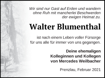 Traueranzeige von Walter Blumenthal von Prenzlauer Zeitung