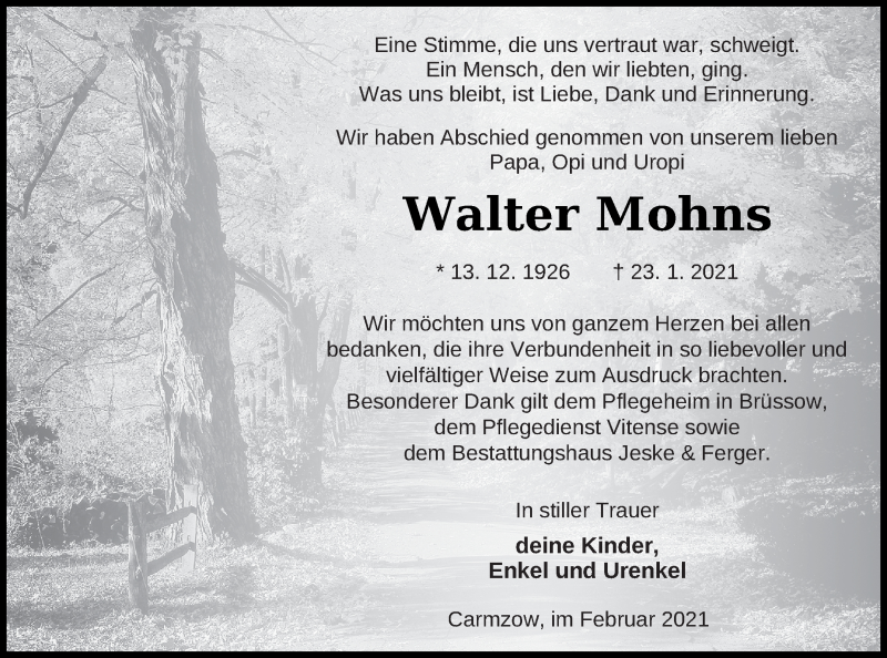  Traueranzeige für Walter Mohns vom 12.02.2021 aus Prenzlauer Zeitung