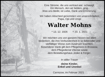 Traueranzeige von Walter Mohns von Prenzlauer Zeitung