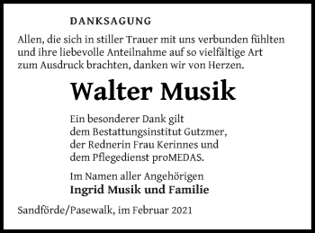 Traueranzeige von Walter Musik von Pasewalker Zeitung