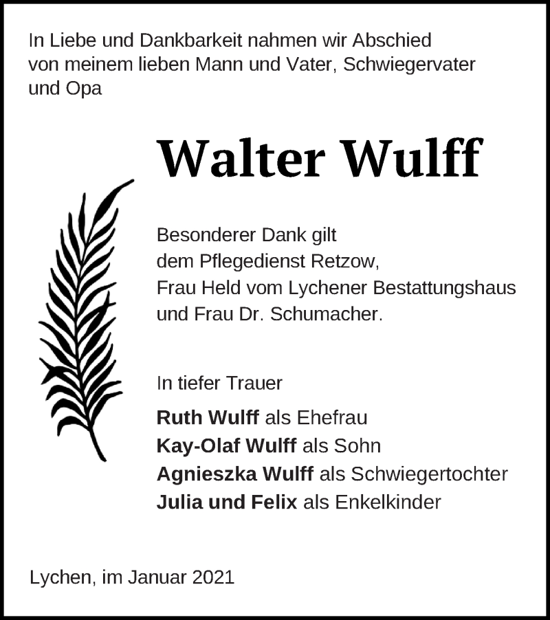  Traueranzeige für Walter Wulff vom 05.02.2021 aus Templiner Zeitung