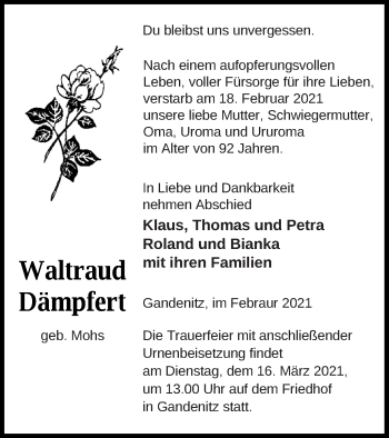 Traueranzeige von Waltraud Dämpfert von Templiner Zeitung