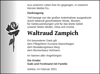 Traueranzeige von Waltraud Zampich von Mecklenburger Schweiz