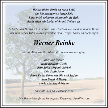 Traueranzeige von Werner Reinke von Pasewalker Zeitung