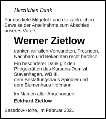 Traueranzeige von Werner Zietlow von Mecklenburger Schweiz