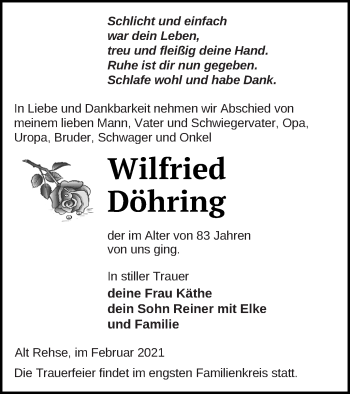 Traueranzeige von Wilfried Döhring von Müritz-Zeitung