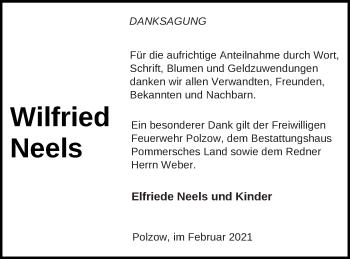 Traueranzeige von Wilfried Neels von Pasewalker Zeitung