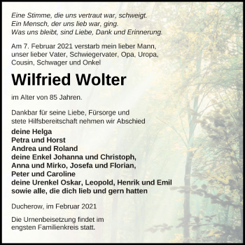 Traueranzeige von Wilfried Wolter von Vorpommern Kurier